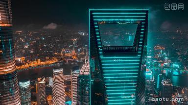 上海穿越上海金融中心大厦夜后移航拍